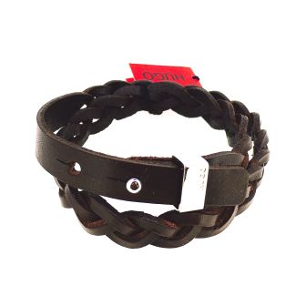 Pulsera Lujosa de Piel Trenzada Marron modelo E-DOUBLELOOP de HUGO con cierre cromado - Gemelolandia