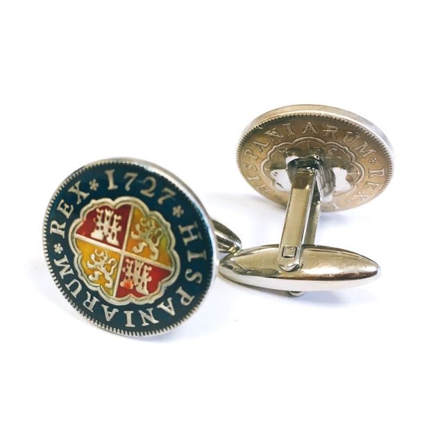 Gemelos para Camisa Replica Moneda 1 Real Español Felipe V 1727 Escudo Anverso 01