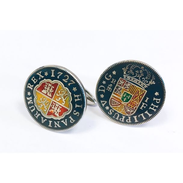 Gemelos para Camisa Replica Moneda 1 Real Español Felipe V 1727 06