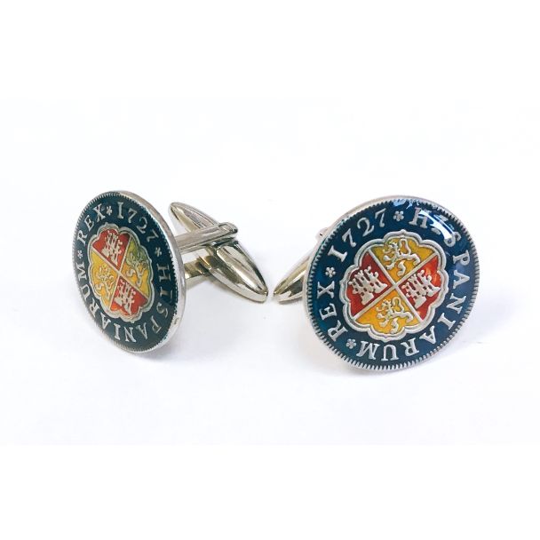 Gemelos para Camisa Replica Moneda 1 Real Español Felipe V 1727 Escudo Anverso 02