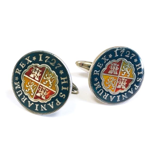Gemelos para Camisa Replica Moneda 1 Real Español Felipe V 1727 Escudo Anverso 01