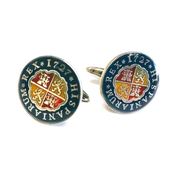 Gemelos para Camisa Replica Moneda 1 Real Español Felipe V 1727 Escudo Anverso 03