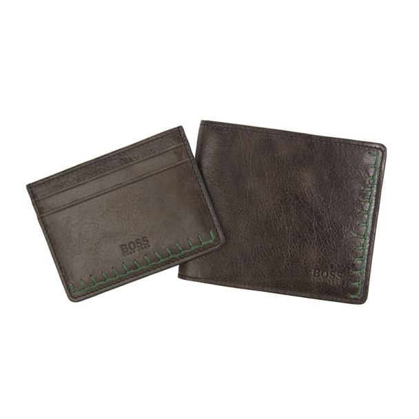 Set Cartera y Tarjetero Boss Orange en Piel Marron con Punteado