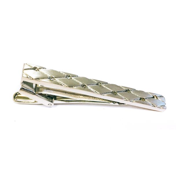 Pasador de Corbata Silver Tie Clip with Diagonal Lines and Crystals 02